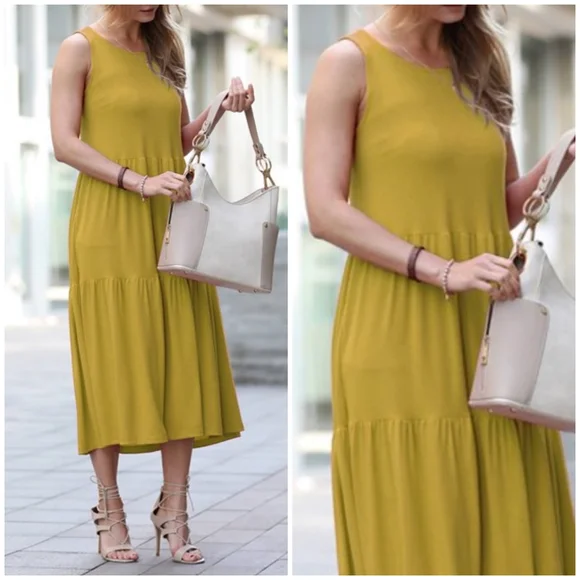 Olive Mustard Amazing Soft Oversized Tiered Midi Dress - Picture 6 of 6